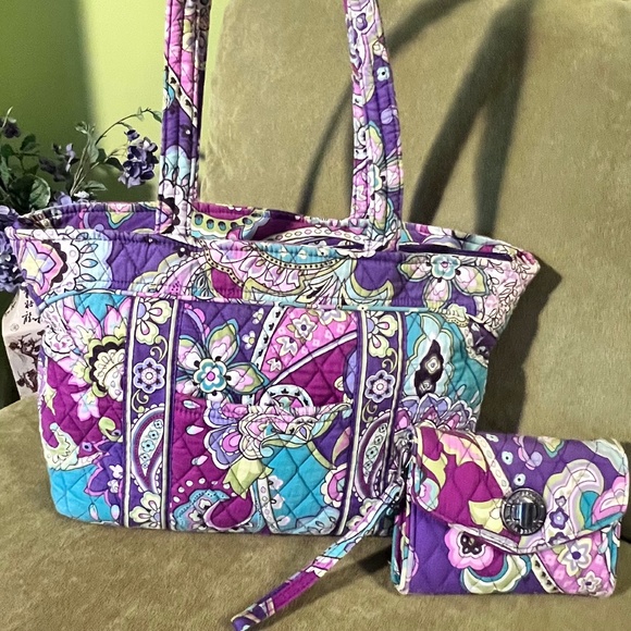 Vera Bradley HEATHER Purple/Teal Mandy Tote Shoulder Bag & Turnlock Wallet Combo - Picture 1 of 11